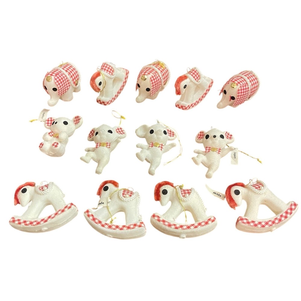 VTG MCM Set 13 Rocking Horse Mouse Elephant Ornaments Tartan Plaid Gingham Japan